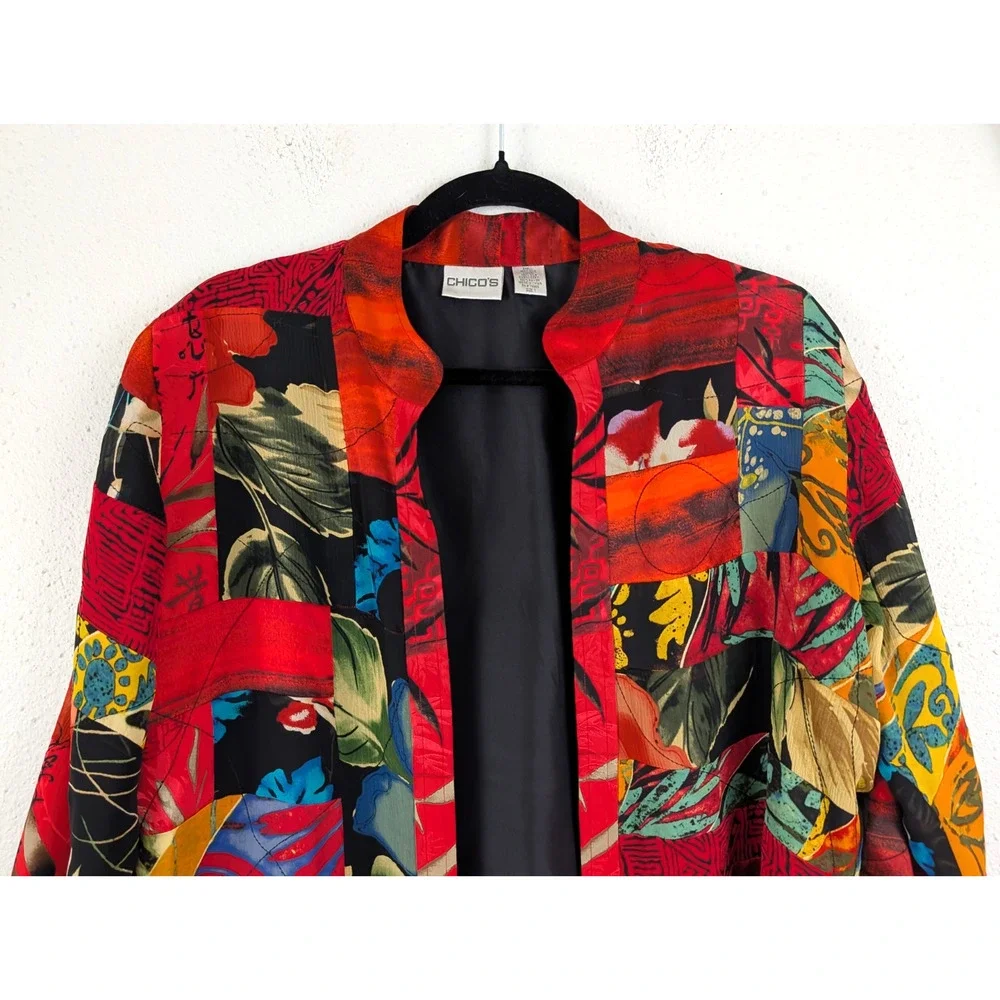 Chico's sz 1 M 8-10 100% silk Open Front Jacket lined colorful asian theme 4033